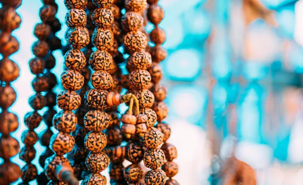 Rudraksha mala prayer beads near Kathmandu Nepal.