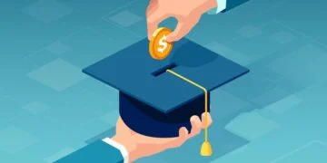Vector of a man paying for his education making a dollar coin deposit in graduation cap