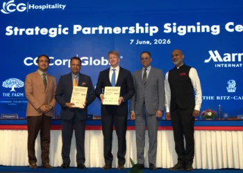 L – R: Rahul Chaudhary, Chief Executive Officer & Managing Director of CG Hospitality Global, Dr. Binod Chaudhary, Chairman CG Corp Global & CG Hospitality,David Marriott, Chairman of the Board, Marriott International Inc, Rajeev Menon, President – APEC, Marriott International &Kiran Andicot, Senior Vice President – South Asia, Marriott International.
