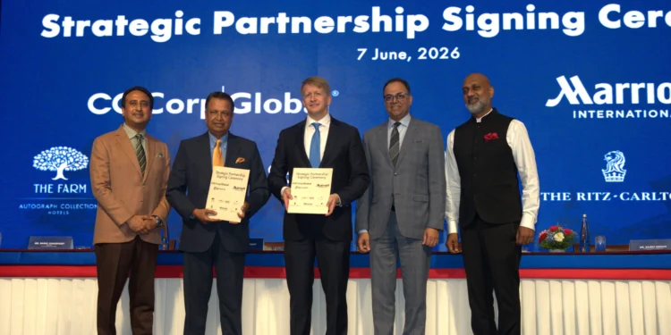 L – R: Rahul Chaudhary, Chief Executive Officer & Managing Director of CG Hospitality Global, Dr. Binod Chaudhary, Chairman CG Corp Global & CG Hospitality,David Marriott, Chairman of the Board, Marriott International Inc, Rajeev Menon, President – APEC, Marriott International &Kiran Andicot, Senior Vice President – South Asia, Marriott International.