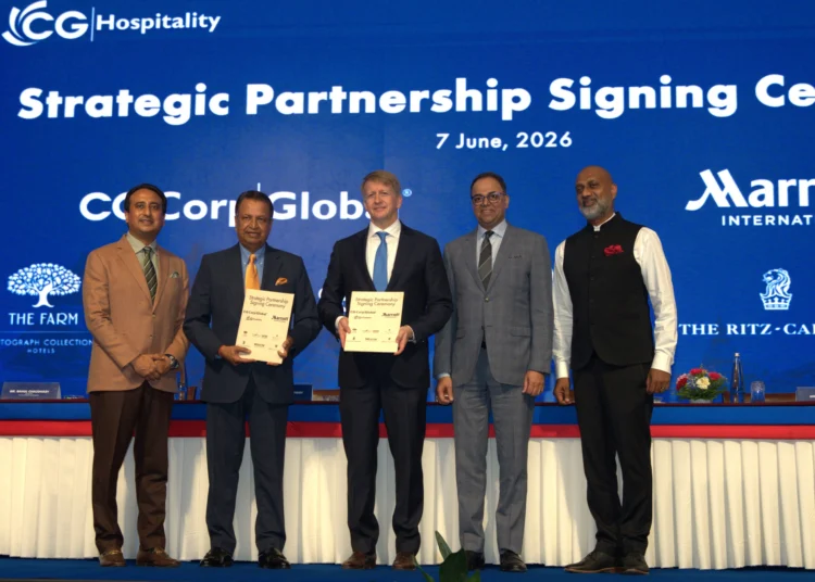 L – R: Rahul Chaudhary, Chief Executive Officer & Managing Director of CG Hospitality Global, Dr. Binod Chaudhary, Chairman CG Corp Global & CG Hospitality,David Marriott, Chairman of the Board, Marriott International Inc, Rajeev Menon, President – APEC, Marriott International &Kiran Andicot, Senior Vice President – South Asia, Marriott International.